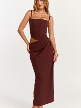 JONAS MIDI DRESS - CORSET BODICE DRAPED WAIST SKIRT DRESS IN CHOCOLATE